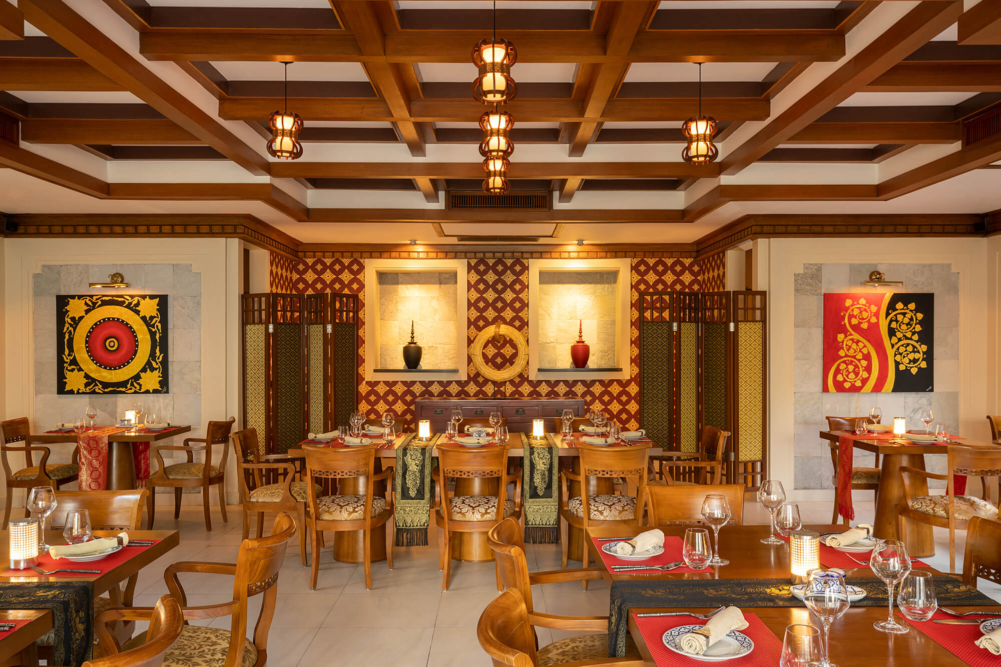 Elegant restaurant with cozy wooden decor